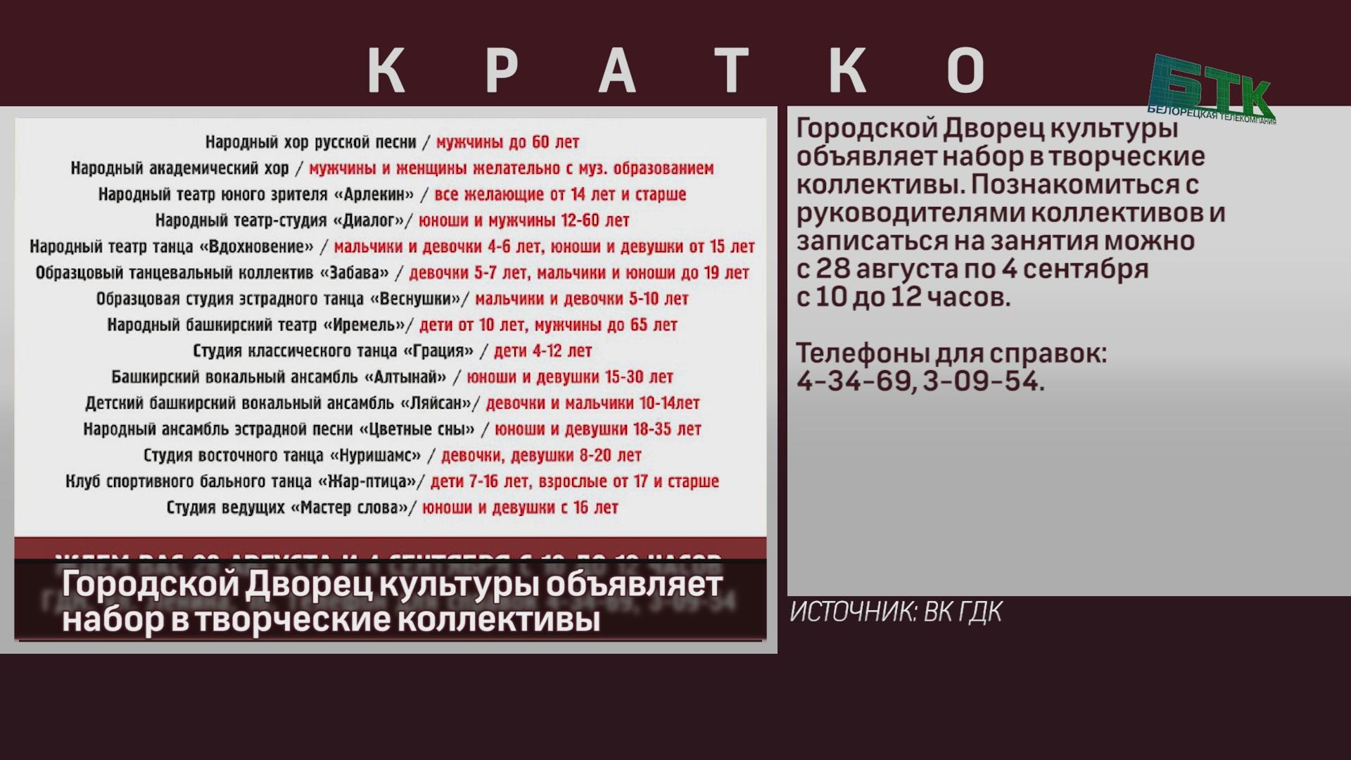 Городской Дворец культуры объявляет набор в творческие коллективы - Новости  Белорецка на русском языке - Белорецкая телекомпания